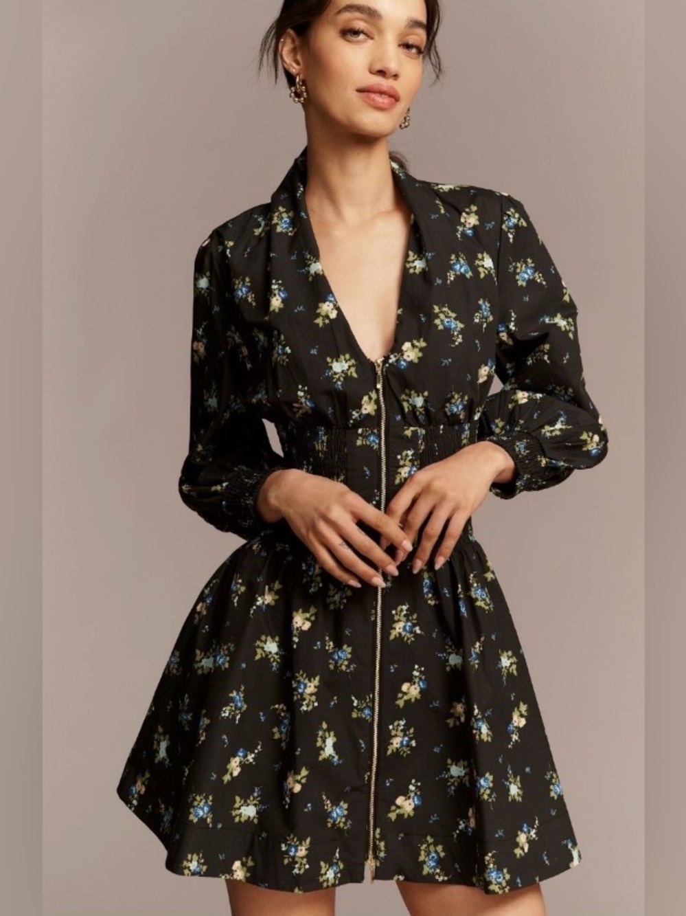 Anthropologie Tommie Long-Sleeve Smocked Front-Zip Mini Shirtdress Large NWT